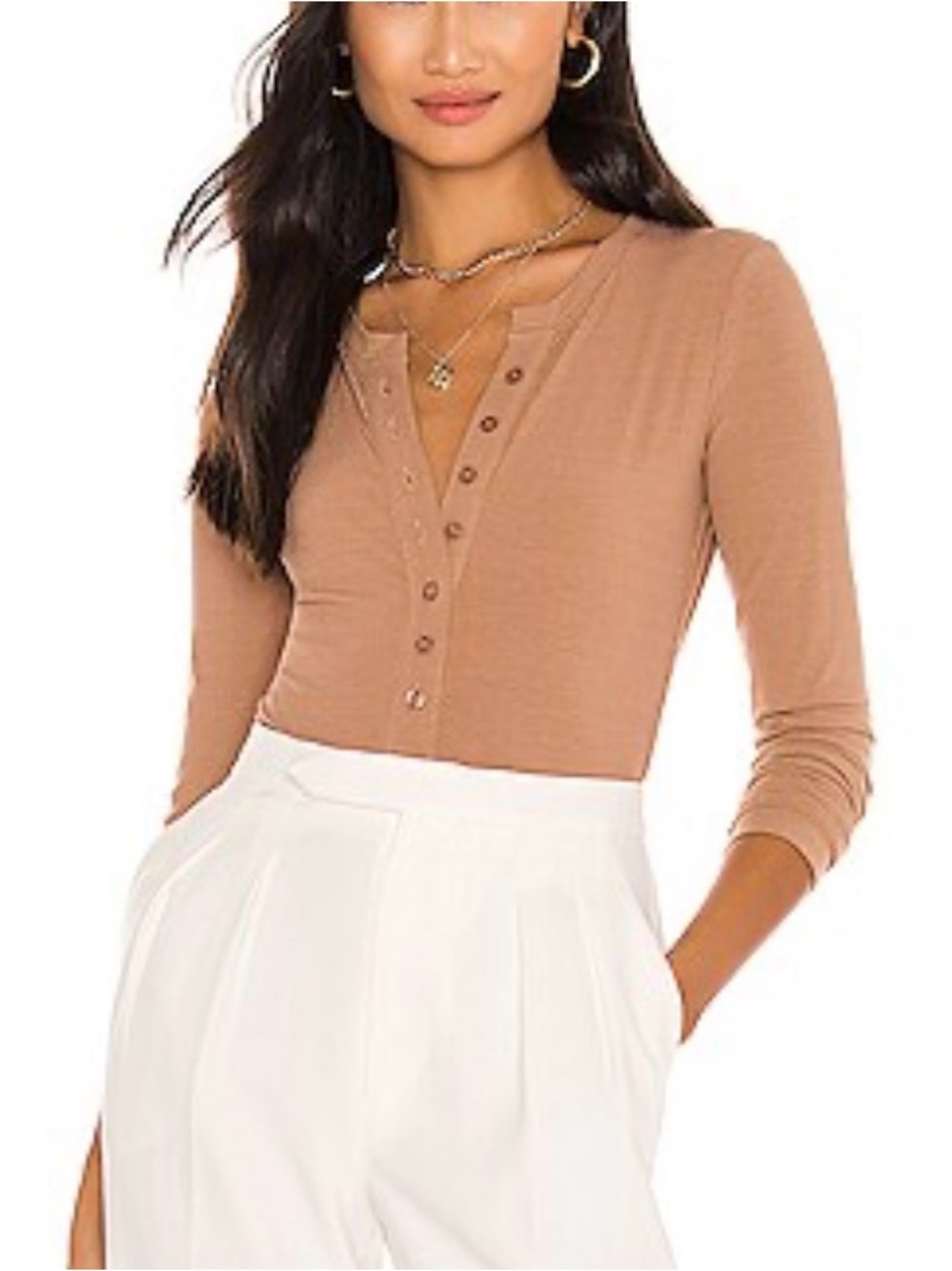 ASTR The Label Henley Bodysuit Taupe Ribbed Minimalist Neutral Small - Picture 2 of 8